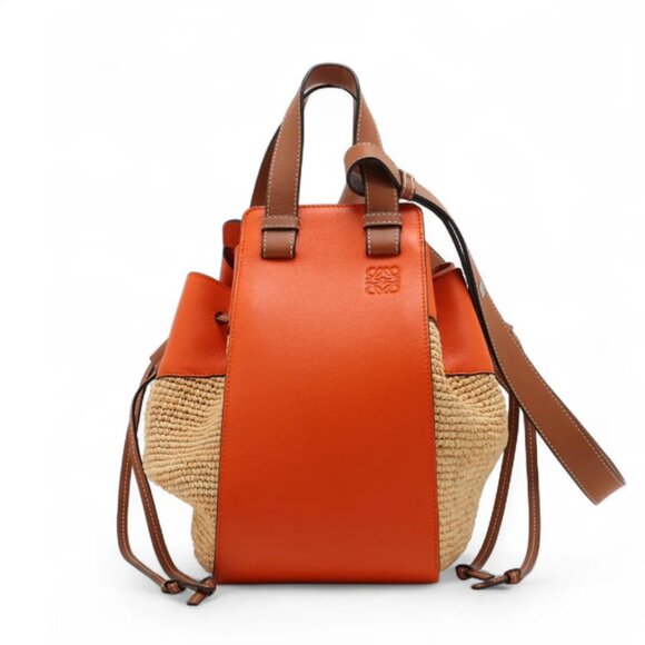 Loewe Hammock Drawstring Medium Straw Leather Shoulder Bag Brown x Orange - Picture 1 of 15